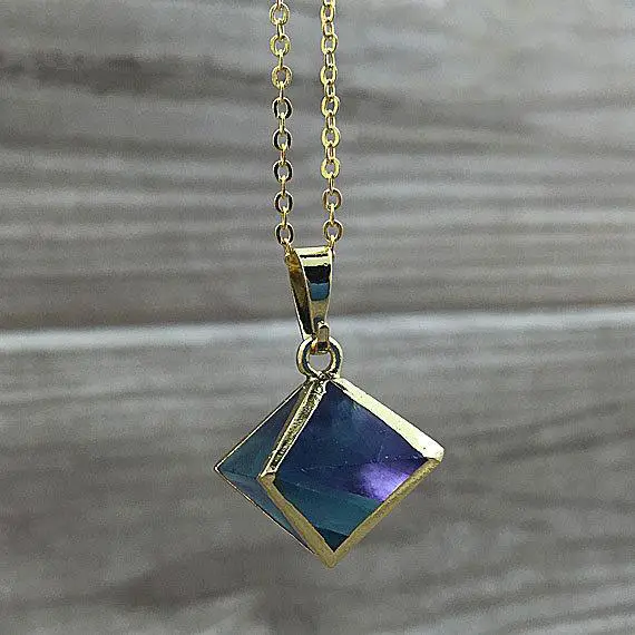 Beautiful Fluorite Necklace, Rainbow Fluorite Stone Dice Pendant With Gold Electroplated, Silver Plated Fs02