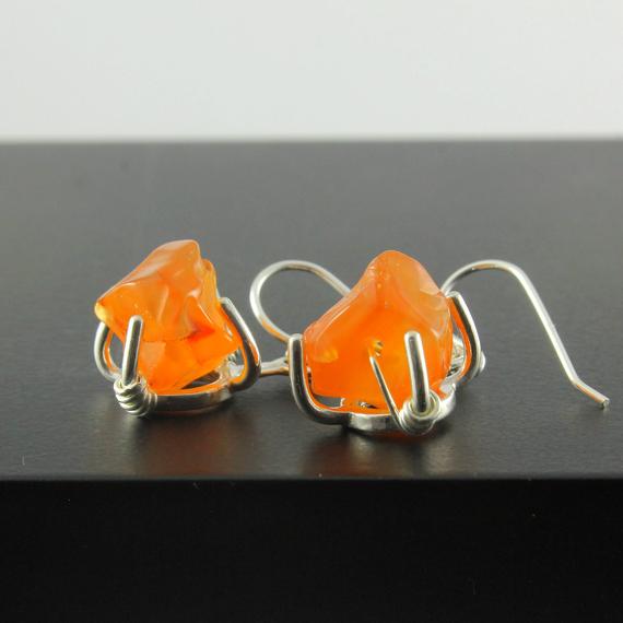 Rough Carnelian Earrings Sterling Silver - Orange Earrings - Rough Gemstone Jewelry