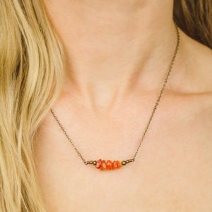 Shop Carnelian Jewelry! Carnelian necklace – Carnelian beaded bar necklace – Genuine carnelian bead necklace – Orange gemstone necklace – July birthstone necklace | Natural genuine Carnelian jewelry. Buy crystal jewelry, handmade handcrafted artisan jewelry for women.  Unique handmade gift ideas. #jewelry #beadedjewelry #beadedjewelry #gift #shopping #handmadejewelry #fashion #style #product #jewelry #affiliate #ad