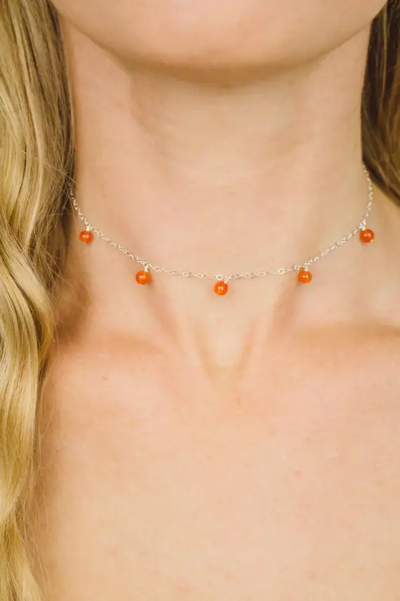 Carnelian Boho Choker. Carnelian Choker. Red Bead Drop Choker. Orange Crystal Bead Dangle Choker. July Birthstone Red Choker Necklace.