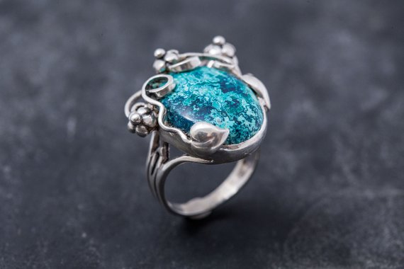 Blue Flower Ring, Chrysocolla Ring, Statement Ring, Vintage Blue Rings, Sagittarius Birthstone, Large Stone Ring, Silver Ring, Chrysocolla