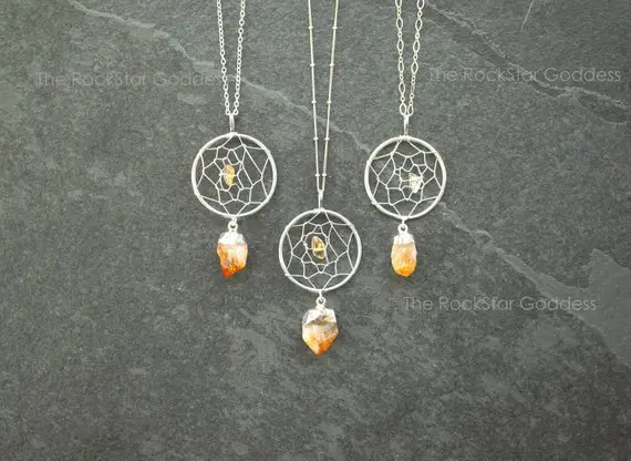 Citrine Necklace, Dreamcatcher Necklace, Raw Citrine Necklace, Silver Citrine Necklace, Citrine Crystal Necklace, Crystal Necklace