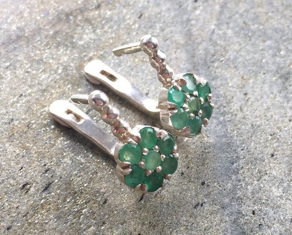 Flower Earrings, Emerald Earrings, Natural Emerald, Natural Emerald Earrings, Vintage Earrings, Vintage Emerald Earrings, Pure Silver