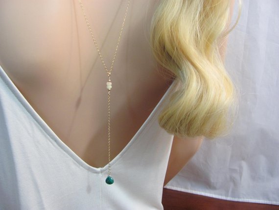 Emerald Backdrop Necklace, Wedding Back Chain Lariat, Necklace For The Bride