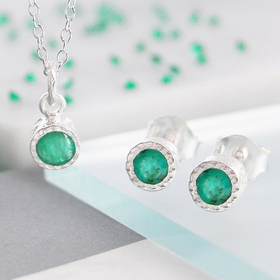 Emerald Sterling Silver Jewelry Set, Emerald Earrings, Sterling Silver Stud Earrings, Bridesmaid Jewelry Set, Emerald Jewelry