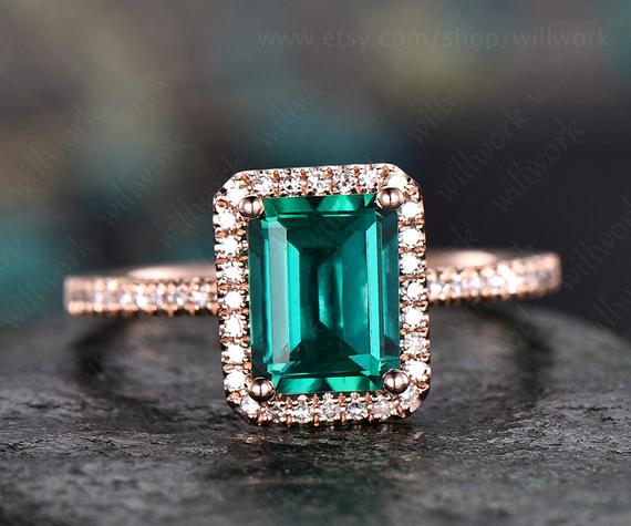 Green Emerald Engagement Ring 14k Rose Gold Handmade Emerald Ring Vintage Diamond Halo Ring Stacking Band Bridal Promise Ring Lab Emerald