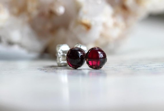 Garnet Earrings - Polished Red Stone Earrings - Sterling Silver Earrings - Red Crystal Earrings