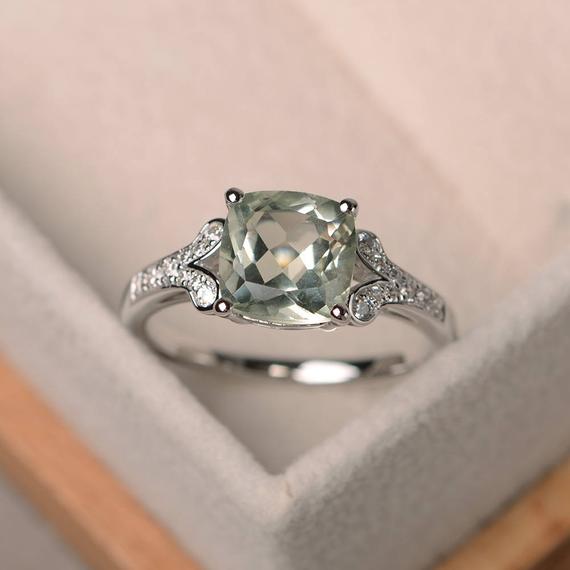 Genuine  Green Amethyst Ring, Cushion Cut Promise Engagement Ring, Sterling Silver Ring,green Gemstone Ring