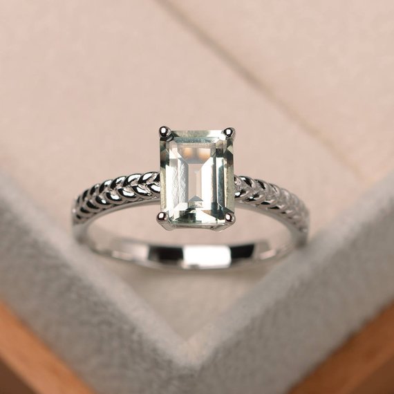 Natural Green Amethyst Ring, Wedding Ring, Emerald Cut Green Gemstone, Solitaire Ring, Sterling Silver Ring