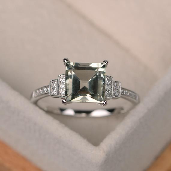 Green Amethyst Ring, Square Cut, Engagement Ring, Sterling Silver Ring, Promise Ring, Green Gemstone Ring