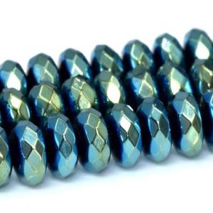 Shop Hematite Faceted Beads! 6x3MM Aqua Blue Hematite Beads Grade AAA Natural Gemstone Faceted Rondelle Loose Beads 15" / 7.5" Bulk Lot Options (101674) | Natural genuine faceted Hematite beads for beading and jewelry making.  #jewelry #beads #beadedjewelry #diyjewelry #jewelrymaking #beadstore #beading #affiliate #ad