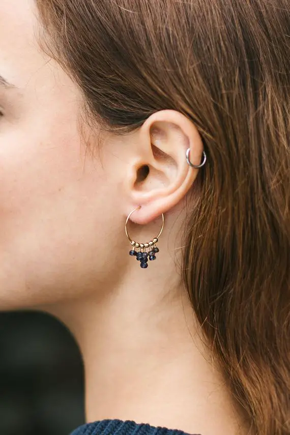 Iolite Small Hoops Gift. Beaded Earrings. Bohemian Earrings. Gemstone Earrings. Fringe Hoop Earrings. Iolite Earrings. September Birthstone