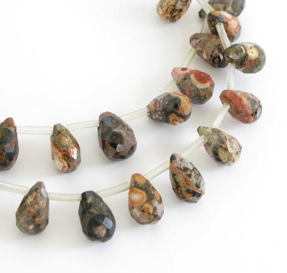 Leopardskin Jasper Beads, 10x6mm Faceted Briolette Jasper Beads,  Earth Tones, Great Patterning, Full Strand,  Jas238