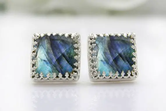Square Cut Labradorite Earrings · 925 Silver Earrings · Gemstone Earrings · Bridal Earrings · Stud Earrings · Statement Earrings