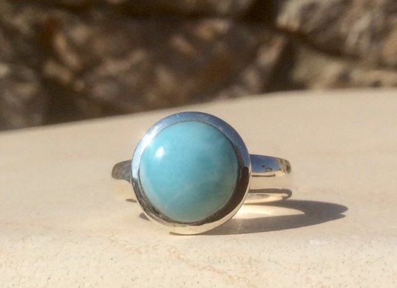 Mens Pinky Ring, Round Stone Silver Ring, Larimar Gemstone, Larimar Silver Ring, Gift For Him