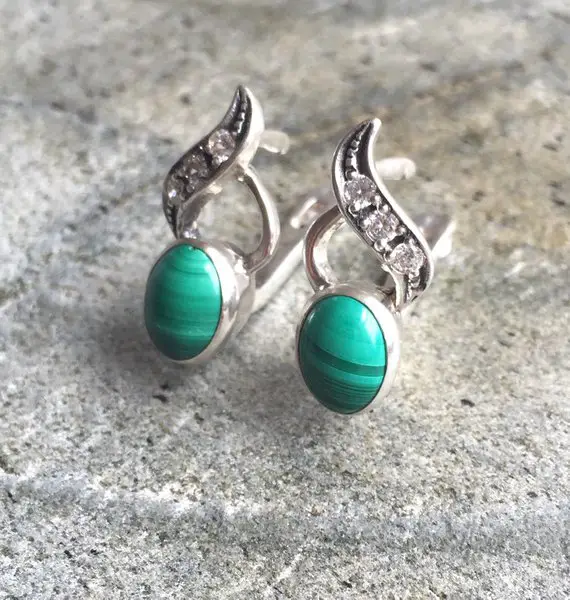 Malachite Earrings, Vintage Earrings, Green Earrings, Green Stone Earrings, Natural Gem, Antique Earrings, Solid Silver, Silver Earrings