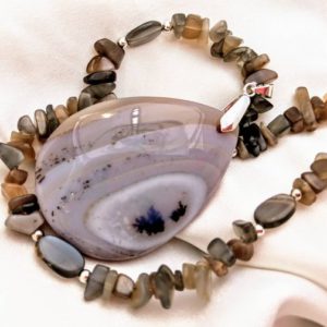 Shop Moonstone Pendants! Bold Dendritic opal pendant necklace, moonstone & silver accents. Tourmalinated natural chalcedony gemstones, taupe/gray/brown ombre. | Natural genuine Moonstone pendants. Buy crystal jewelry, handmade handcrafted artisan jewelry for women.  Unique handmade gift ideas. #jewelry #beadedpendants #beadedjewelry #gift #shopping #handmadejewelry #fashion #style #product #pendants #affiliate #ad