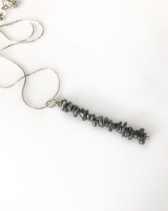 Natural Hematite Pendant Emf Protection Grounding Jewelry, Hematite Crystal Bead Bar Necklace