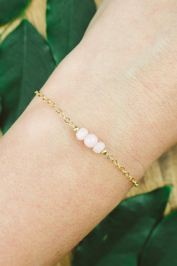 Pink Peruvian Opal Gemstone Bracelet. Pink Peruvian Opal Bracelet. October Birthstone Bracelet. Dainty Gold Bracelet. Bridesmaids Bracelet.