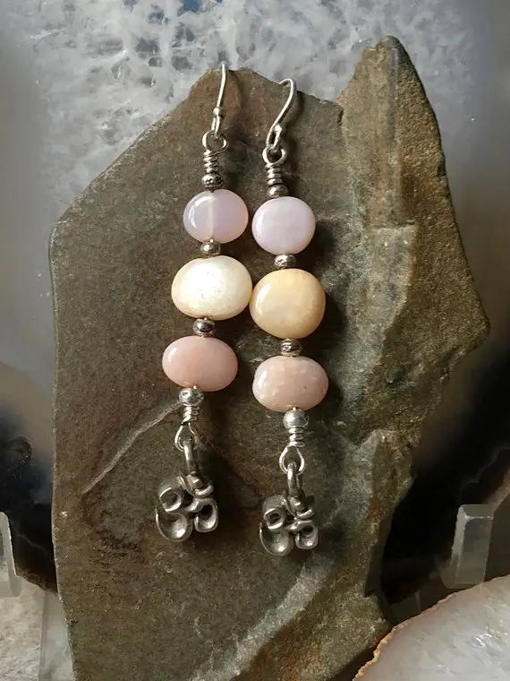Opal Earrings, Pink Peruvian Opal Earrings, Pink Peruvian Opal, Om Earrings, Om Charm Earrings, Silver Om Charm, Pink Earrings, Ooak Earring