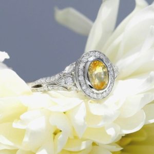 Shop Yellow Sapphire Rings! Oval Sapphire Halo Ring Yellow Sapphire Ring Gemstone Ring Birthstone Ring Diamond Ring Antique Ring Style Cocktail Ring Oval Ring | Natural genuine Yellow Sapphire rings, simple unique handcrafted gemstone rings. #rings #jewelry #shopping #gift #handmade #fashion #style #affiliate #ad
