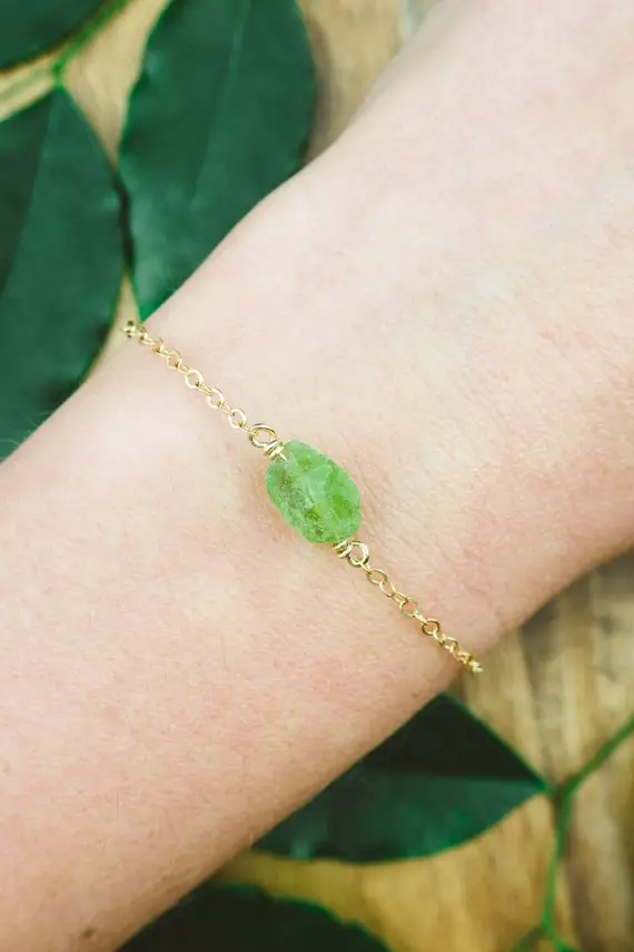 Raw Green Peridot Crystal Bracelet In Gold, Silver, Bronze, Or Rose Gold - 6" Chain With 2" Adjustable Extender - August Birthstone