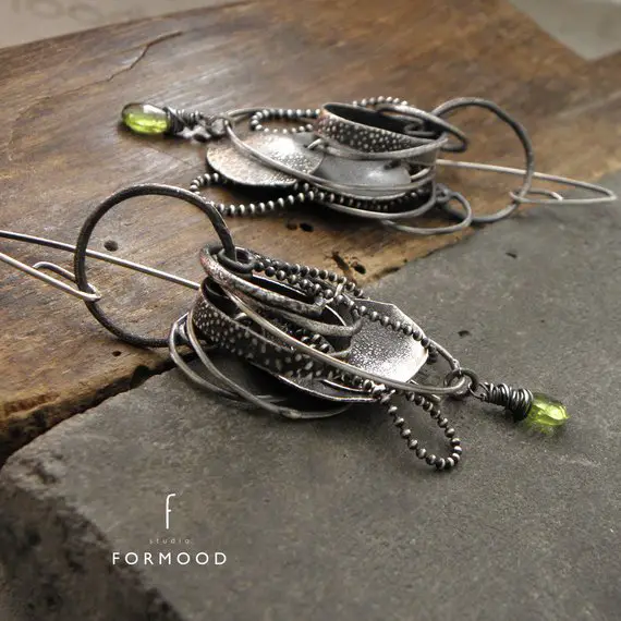 Earrings - Raw Sterling Silver And Peridot