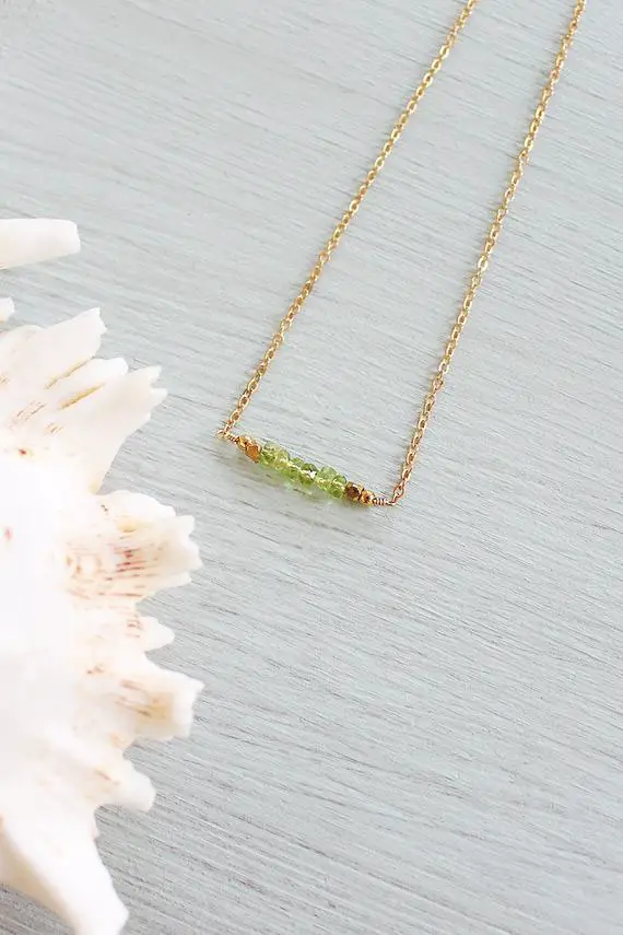 Peridot Gemstone Necklace. Faceted Rondelle Green Peridot Bead Bar Necklace. Peridot Beaded Bar Necklace. August Birthstone Necklace