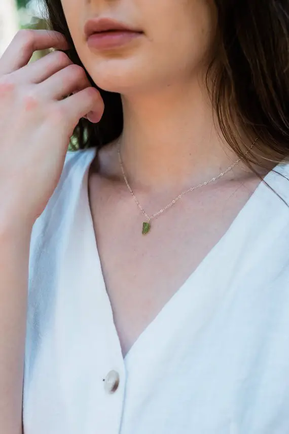 Tiny Raw Green Peridot Gemstone Pendant Necklace In Gold, Silver, Bronze Or Rose Gold - August Birthstone Necklace. Chartreuse Necklace