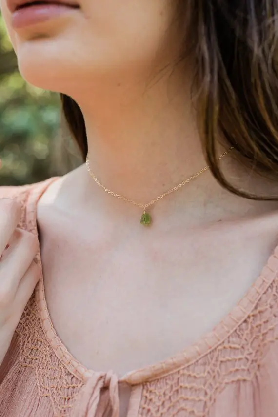Tiny Raw Green Peridot Gemstone Pendant Choker Necklace In Gold, Silver, Bronze Or Rose Gold - August Birthstone Necklace. Chartreuse Choker