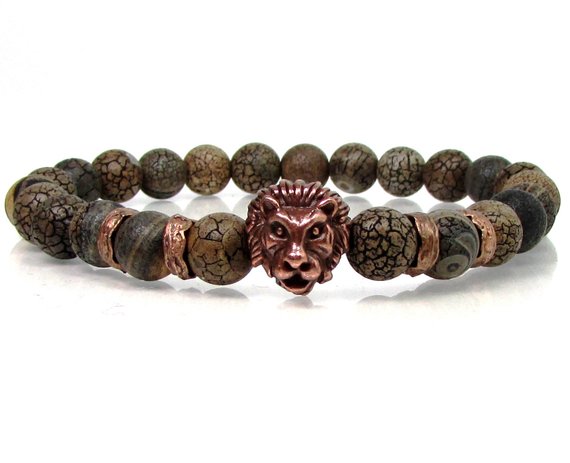 Real Petrified Wood Mens Bracelet With Lion Head, Natural Gemstone Mens Bracelet, Mens Beaded Lions Head Bracelet, Gift For  Men
