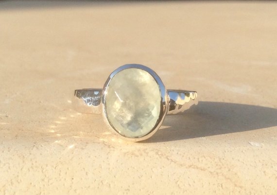 Oval Faceted Prehnite Silver Ring, Green Gemstone, Hammered Silver, Womens' Silver Jewellery, Gift For Her