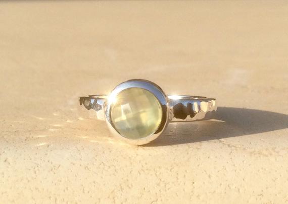 Gemstone Silver Ring, Small Round Green Stone Silver Ring, Prehnite Gemstone Ring, Round Stone Ring, Gift For Her