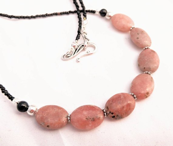Simple Rhodonite Oval Necklace. Natural Pink Gemstone Jewelry. Long Length, Great For Layering. Silver Plate Accents. Millennial Pink Shades