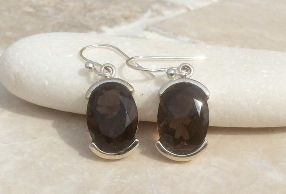 Gemstone Silver Drop Earrings, Smokey Quartz Oval Stone Earrings, Brown Gemstone Earrings, Gift For Mum