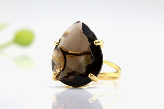 Gold Smoky Quartz Ring · Teardrop Gem Ring · Pear Cut Ring · Brown Statement Ring · Gemstone Ring · Brown Stone Ring