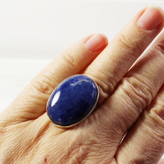 Genuine Blue Sodalite Ring Natural Stone Set On 925e Silver, A Nice Size And Classic Look