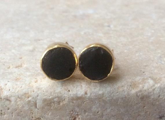 Raw Stone Studs, Black Spinel Gold Vermeil Stud Earrings, Black Stone Earrings, Mothers Day Gift