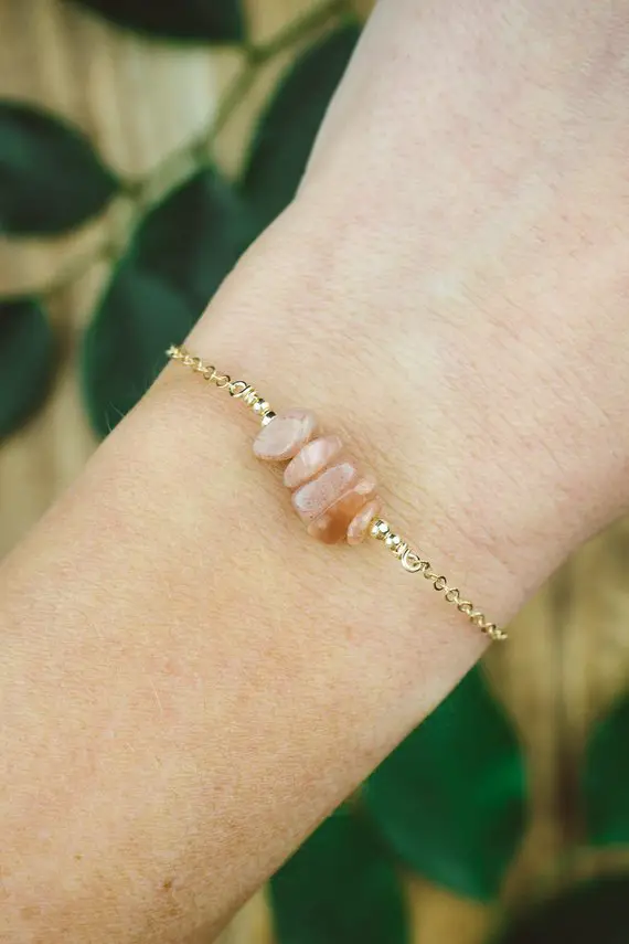 Orange Sunstone Bead Bar Crystal Bracelet In Bronze, Silver, Gold Or Rose Gold - 6" Chain With 2" Adjustable Extender