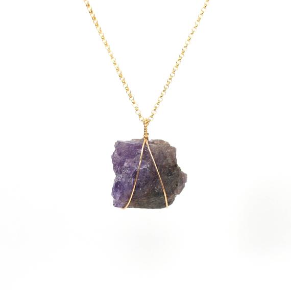 Tanzanite Necklace, Raw Crystal Necklace, Purpled Stone Pendant Necklace, A Wire Wrapped Raw Tanzanite On A 14k Gold Filled Chain