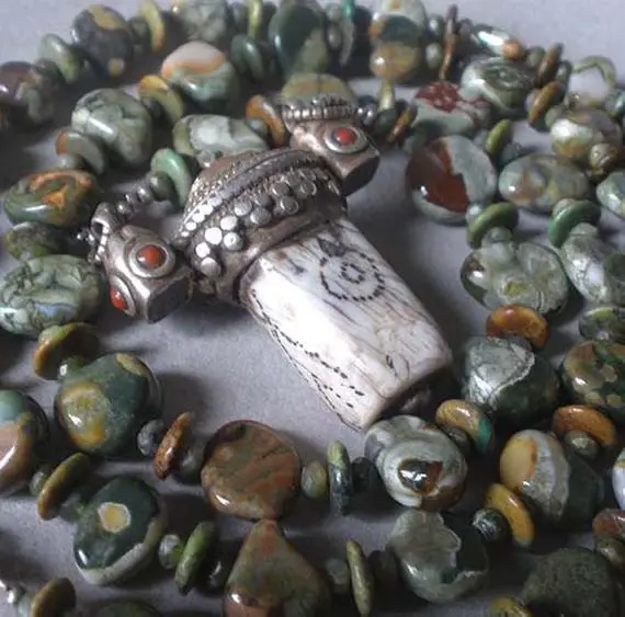 Rhyolite Necklace, Tribal Necklace, Vintage Nepalese Talisman, New Jade Necklace, Turquoise Necklace, Energy Necklace, Ooak Jewelry,