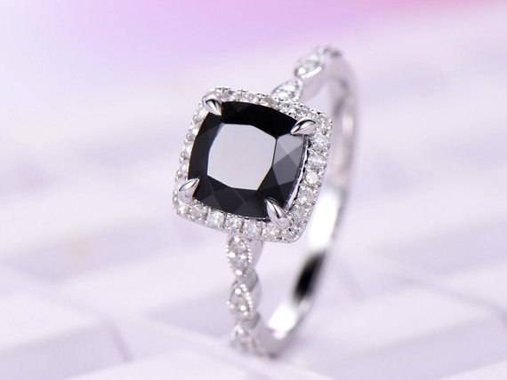 6.5mm Black-spinel Engagement Ring/14k White Gold Diamond Milgrain Band/halo Stack/art Deco Bridal Ring/cushion Cut/retro Vintage Floral Set