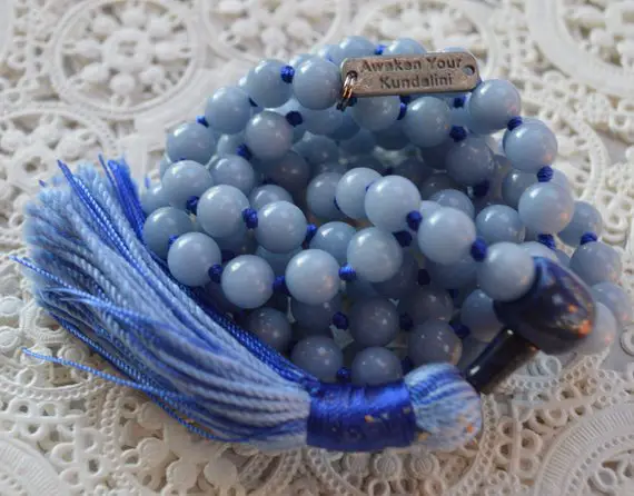 Angelite Knotted Mala Beads Necklace For Spiritual & Psychic Growth, Enhanced Intuition, Mindfulness, Communication