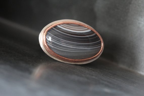 Striped Agate Silver Copper Ring Cosmic Saturn Gray Halo Loop Pattern Natural Large Gemstone Cabochon Celestial Statement Design - Phoebe