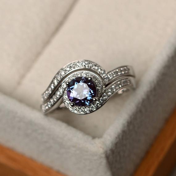 Alexandrite Ring, Engagement Rings, 14k White Gold Ring, Bridal Sets, Color Change Gemstone, June Birthston