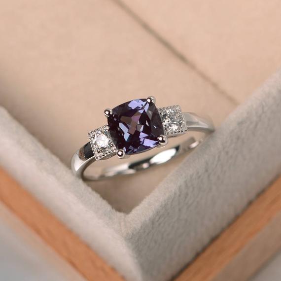 Lab Alexandrite Ring , Engagement Ring, Cushion Cut, Silver Ring, June Birthstone Ring,color Changing Gemstone Ring