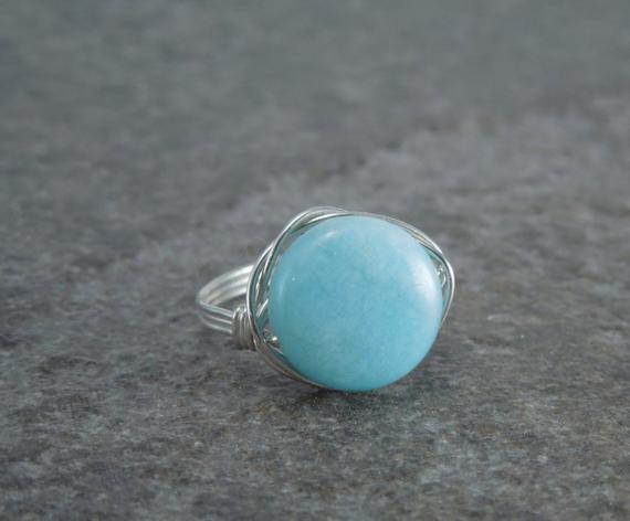Peruvian Blue Amazonite Sterling Silver Wire Wrapped Bead Ring