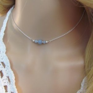 Shop Angelite Jewelry! Angelite Choker Necklace, Sterling Silver Adjustable Choker, Best Friend Gift | Natural genuine Angelite jewelry. Buy crystal jewelry, handmade handcrafted artisan jewelry for women.  Unique handmade gift ideas. #jewelry #beadedjewelry #beadedjewelry #gift #shopping #handmadejewelry #fashion #style #product #jewelry #affiliate #ad