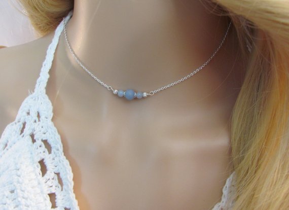 Angelite Choker Necklace, Sterling Silver Adjustable Choker, Best Friend Gift