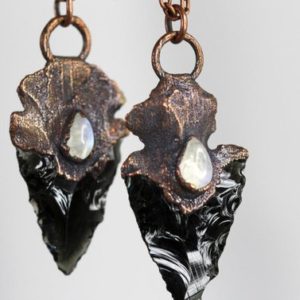 Arrowhead Necklace – Rainbow Moonstone Pendant – Black Obsidian Jewelry | Natural genuine Rainbow Obsidian necklaces. Buy crystal jewelry, handmade handcrafted artisan jewelry for women.  Unique handmade gift ideas. #jewelry #beadednecklaces #beadedjewelry #gift #shopping #handmadejewelry #fashion #style #product #necklaces #affiliate #ad